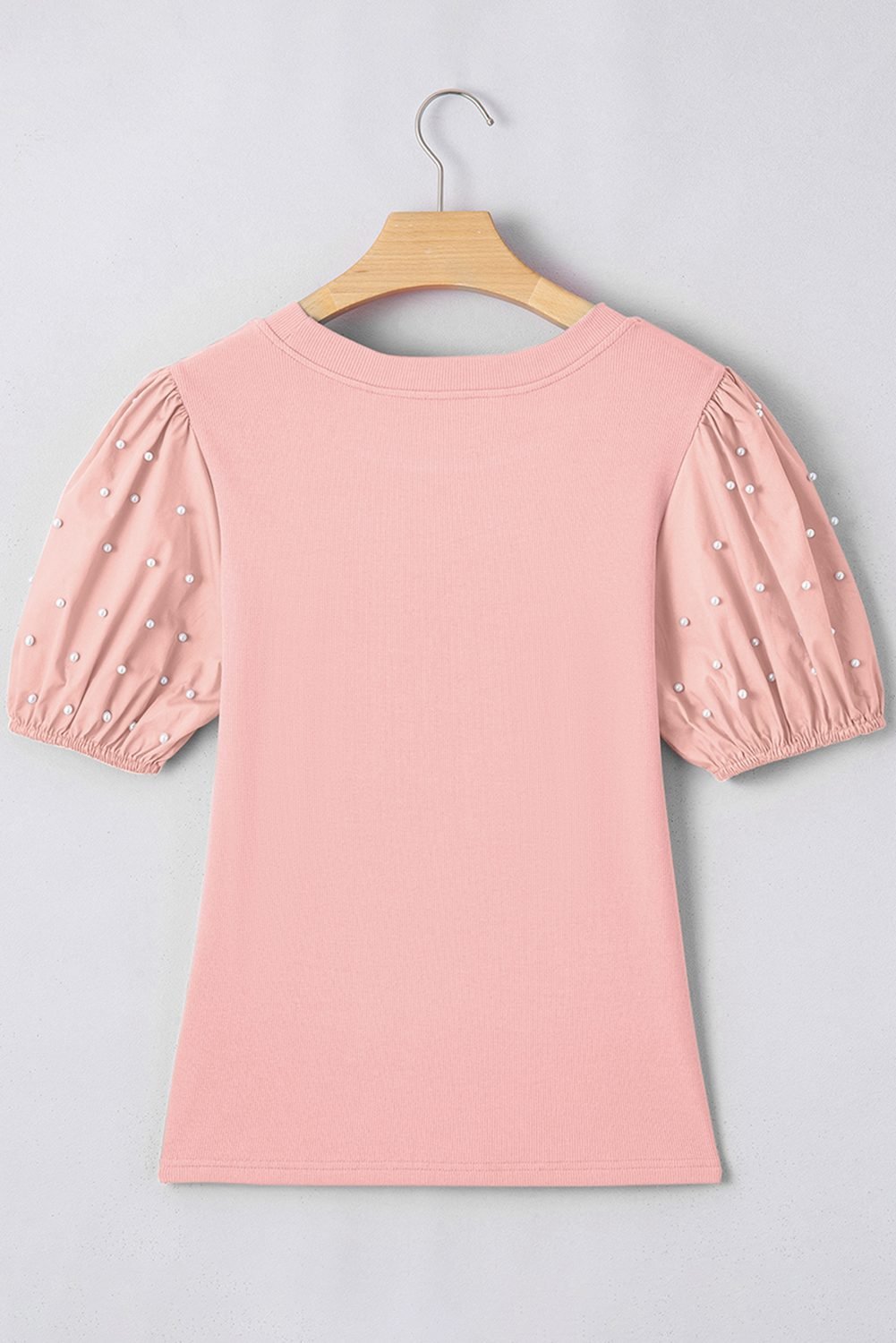 Light Pink Ribbed Pearl Beaded Puff Sleeve Top