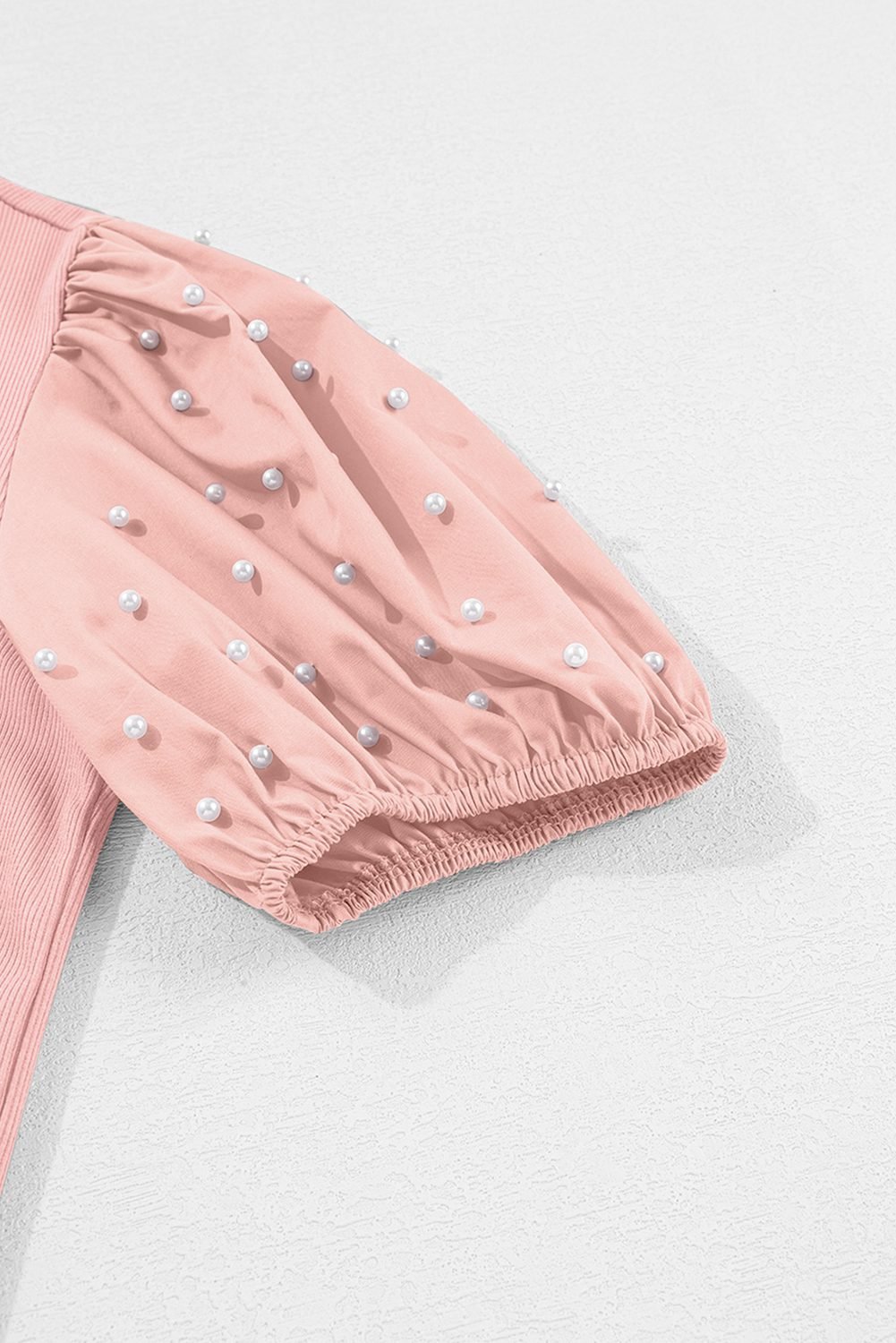 Light Pink Ribbed Pearl Beaded Puff Sleeve Top