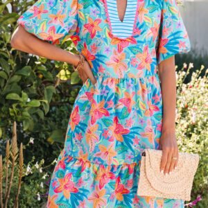 Multicolour Floral Print Contrast Scallop Striped Trim V Neck Dress