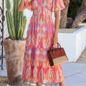 Multicolour Paisley Print V-Neck Short Sleeve Boho Maxi Dress with Ruffle Details