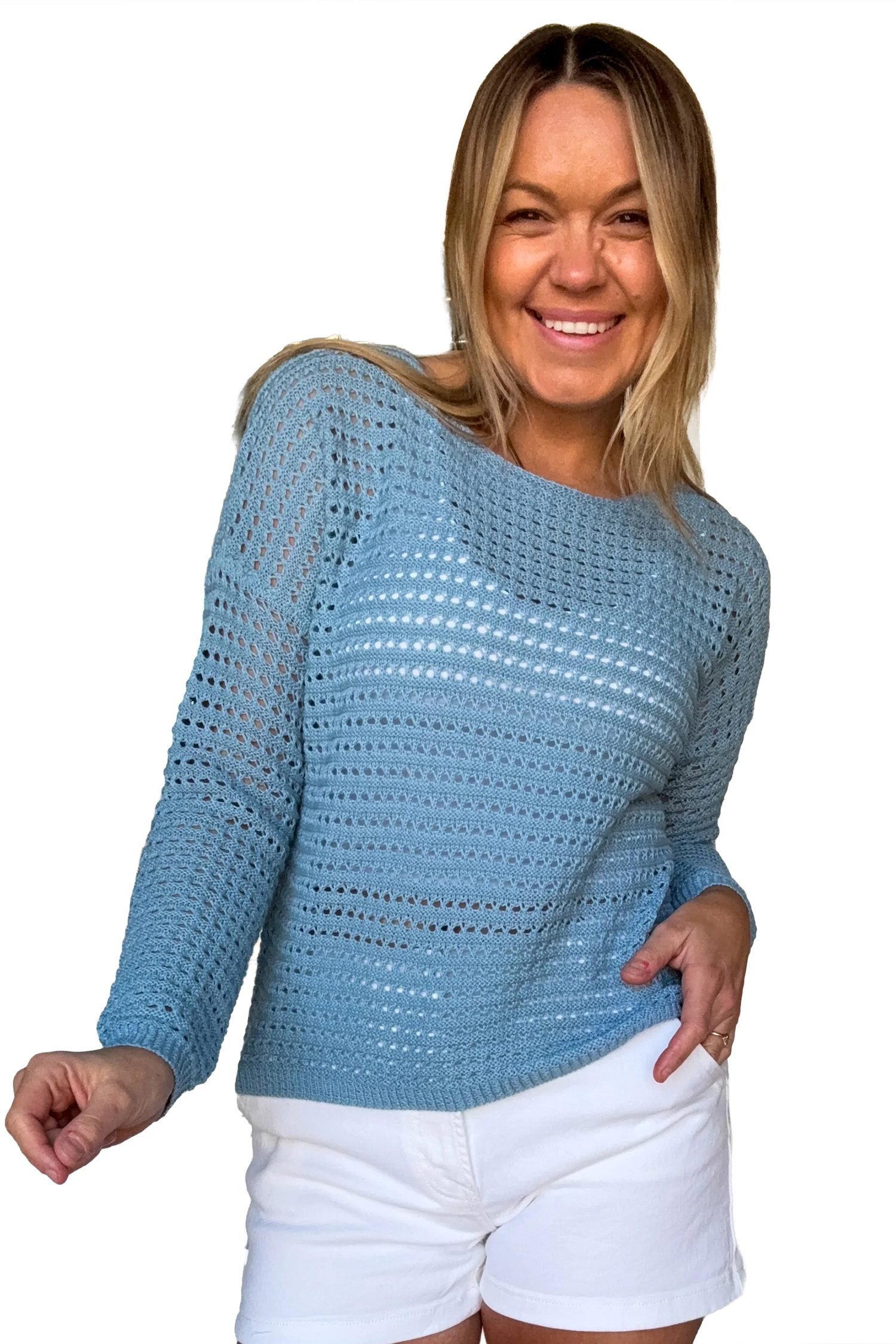 Myosotis Long Sleeve Crochet Knit Sweater Round Neck Loose Fit Casual Pullover