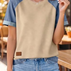 Parchment Denim Color Block Patchwork Round Neck Tee