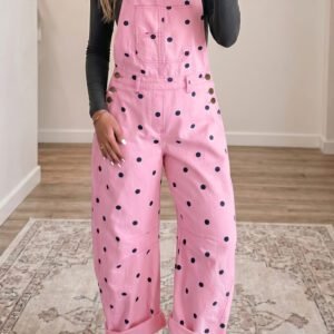 Phalaenopsis Polka Dot Print Bib Pocket Denim Barrel Overalls Jumpsuit