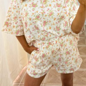 Pink Floral Print Short Sleeve Elastic Waist Pocket Casual Two Piece Short Sets