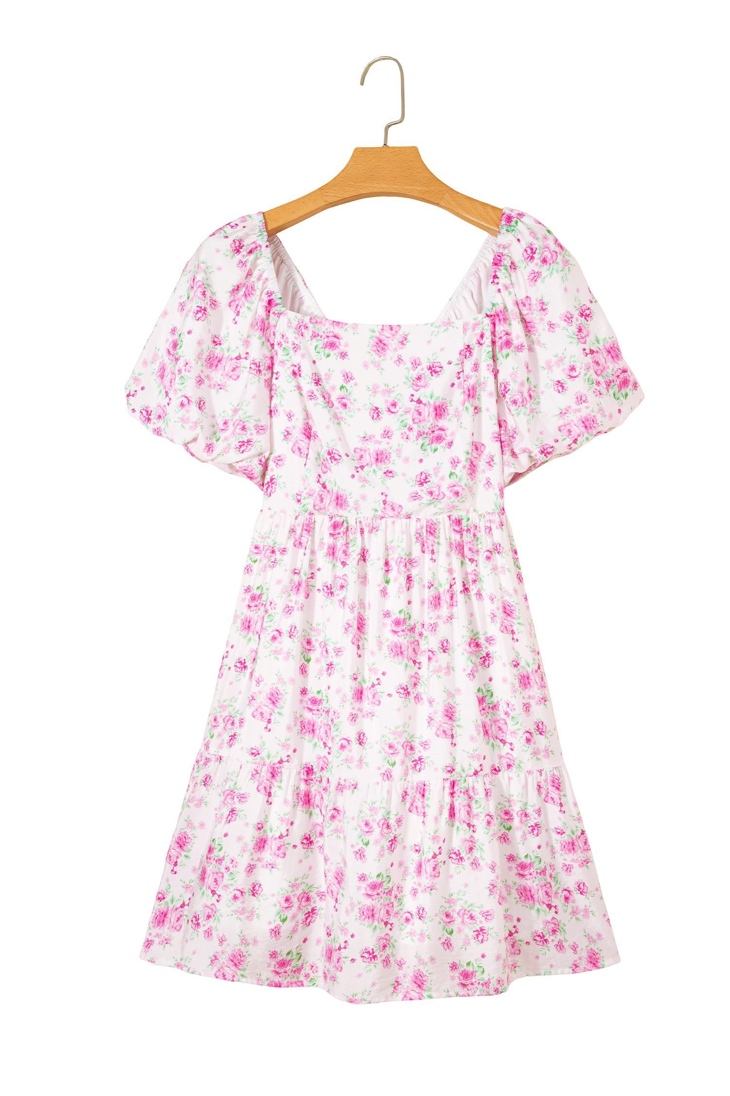 Pink Floral Print Square Neck Ribbon Knot Back Cute Mini Dress