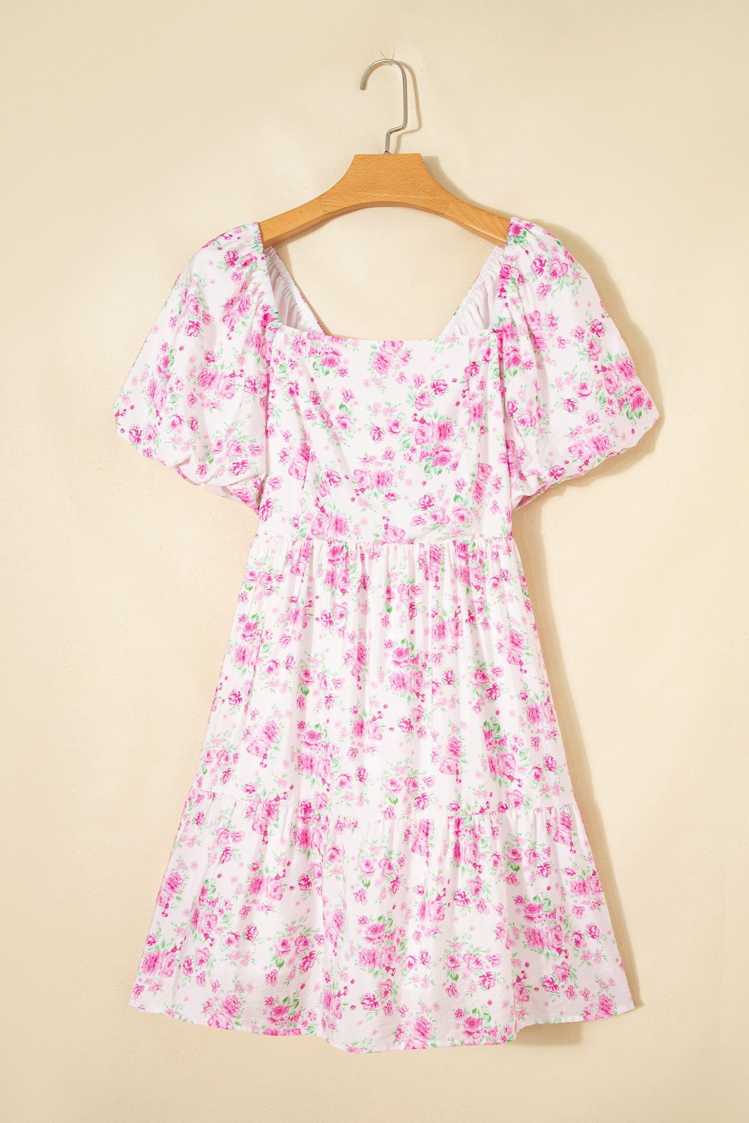 Pink Floral Print Square Neck Ribbon Knot Back Cute Mini Dress
