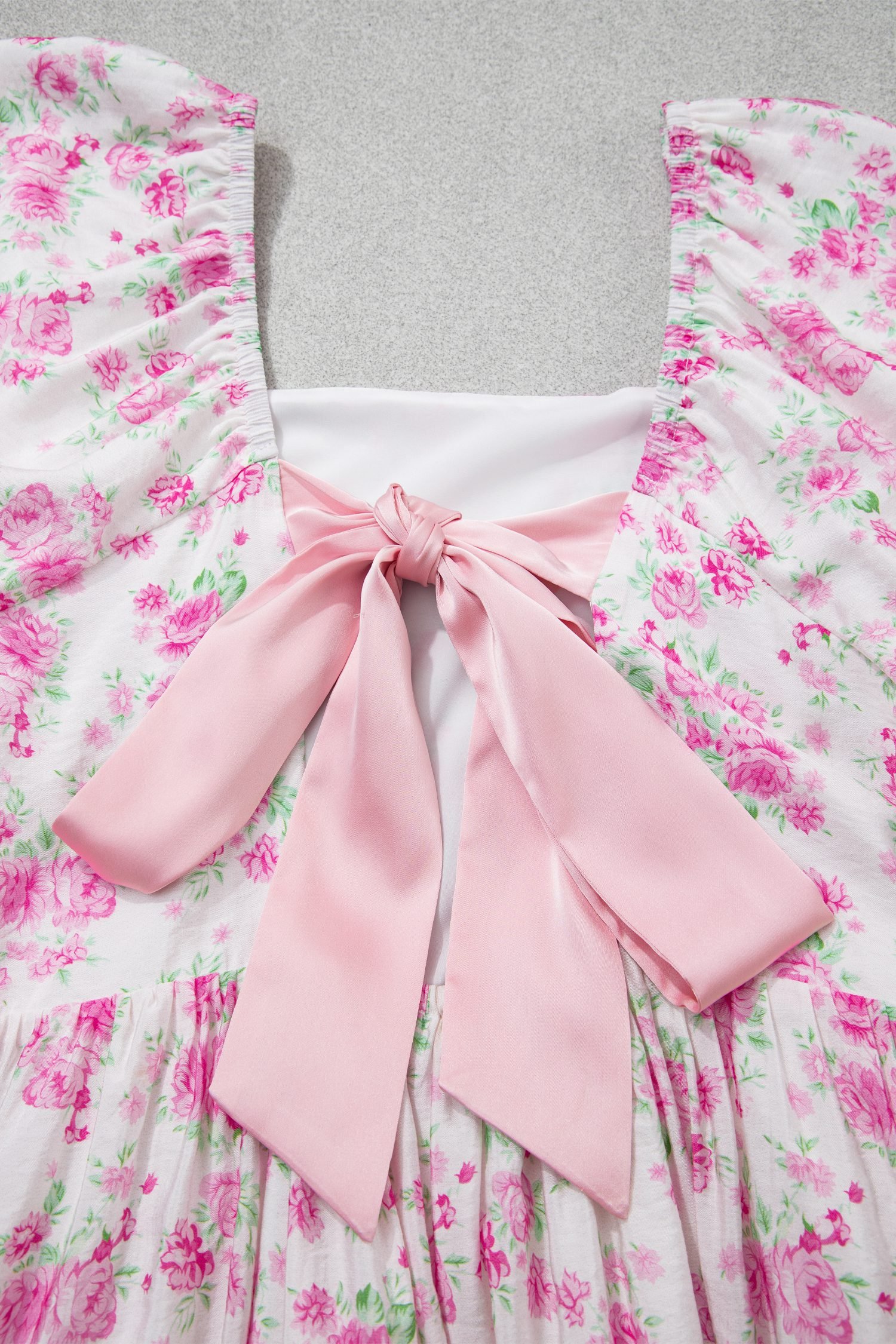 Pink Floral Print Square Neck Ribbon Knot Back Cute Mini Dress