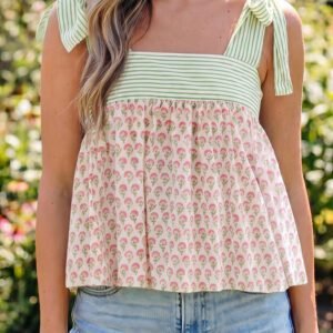 Pink Floral Printed Knot Straps Babydoll Tank Top