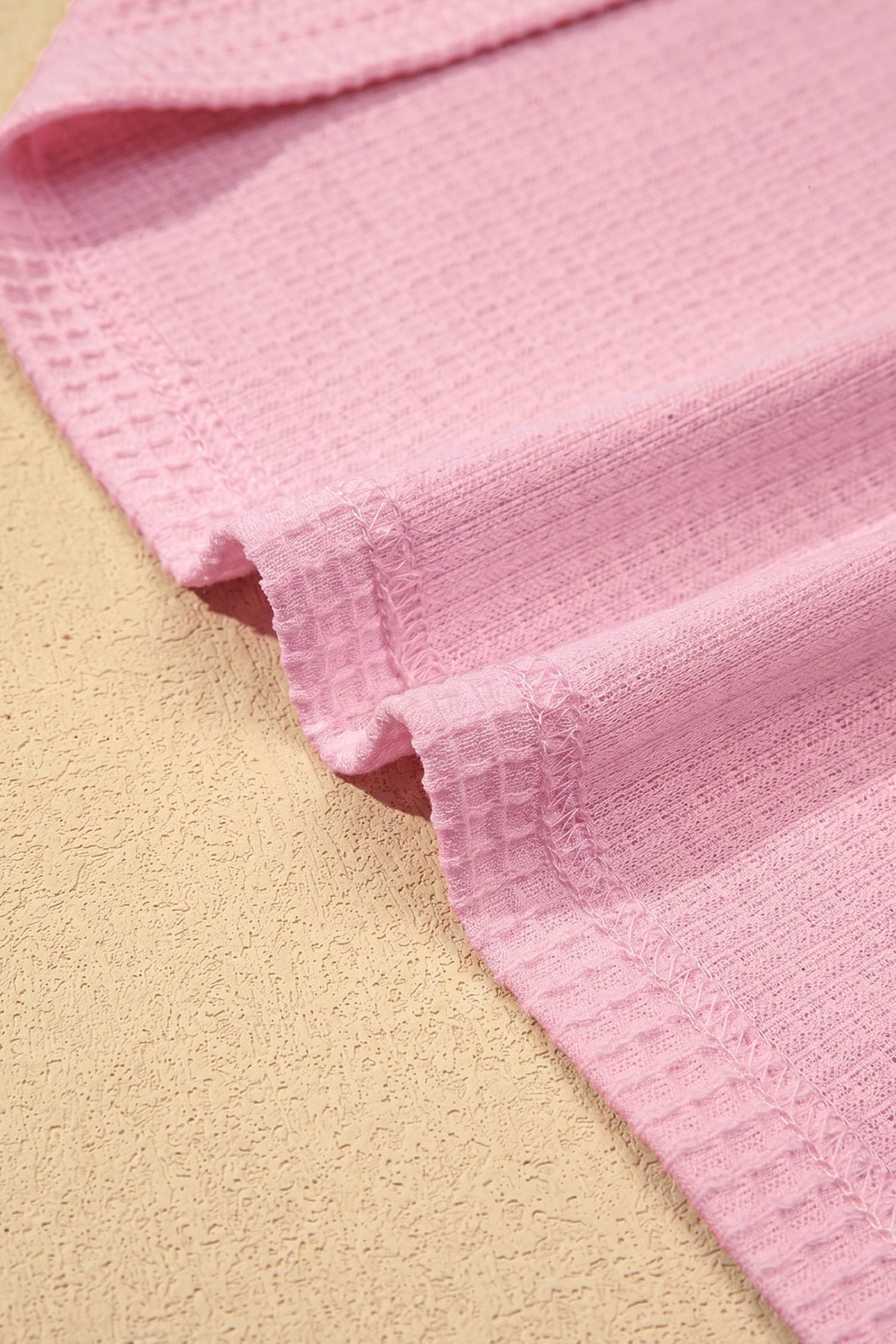 Pink Lace Splicing Button Cutout V Neck Waffle Knit Blouse