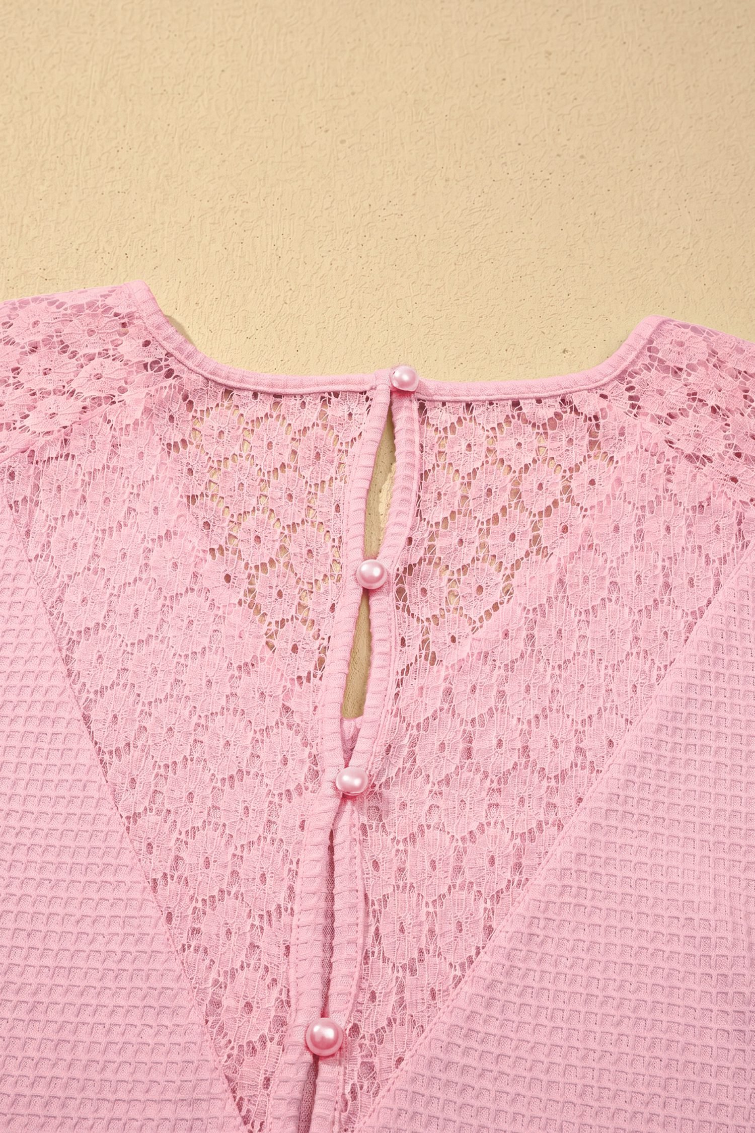 Pink Lace Splicing Button Cutout V Neck Waffle Knit Blouse