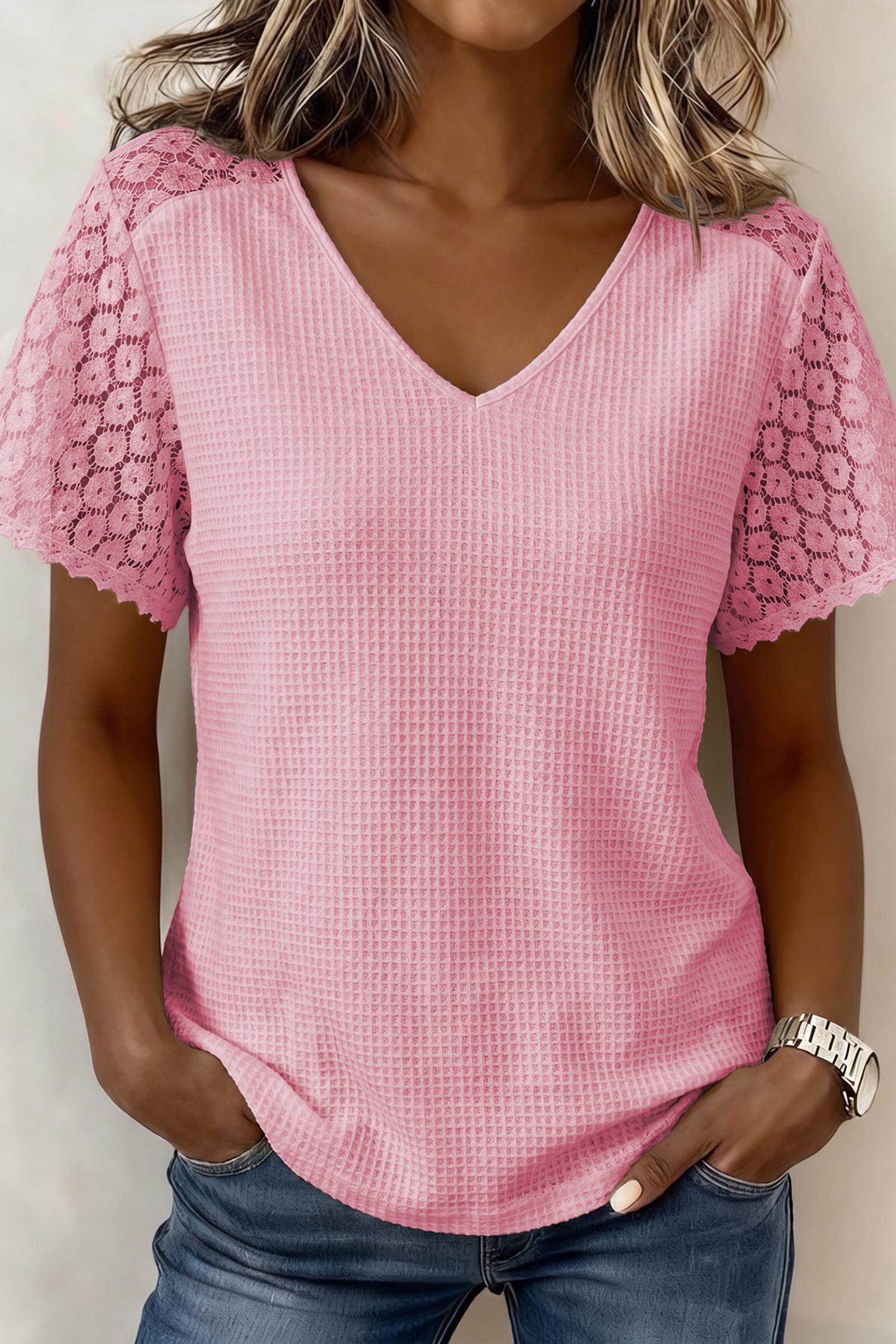 Pink Lace Splicing Button Cutout V Neck Waffle Knit Blouse