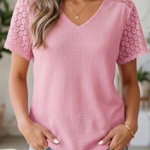 Pink Lace Splicing Button Cutout V Neck Waffle Knit Blouse