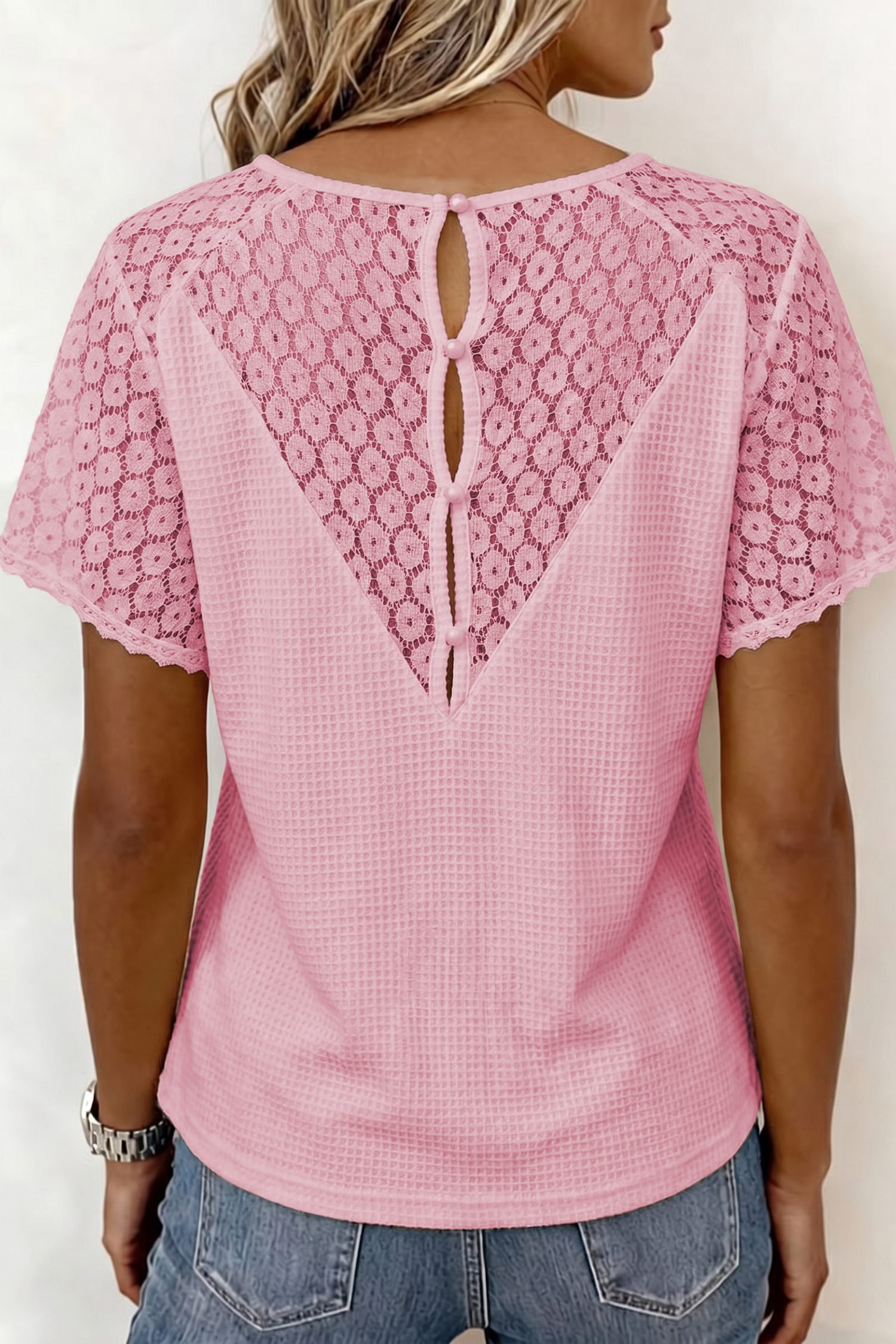 Pink Lace Splicing Button Cutout V Neck Waffle Knit Blouse