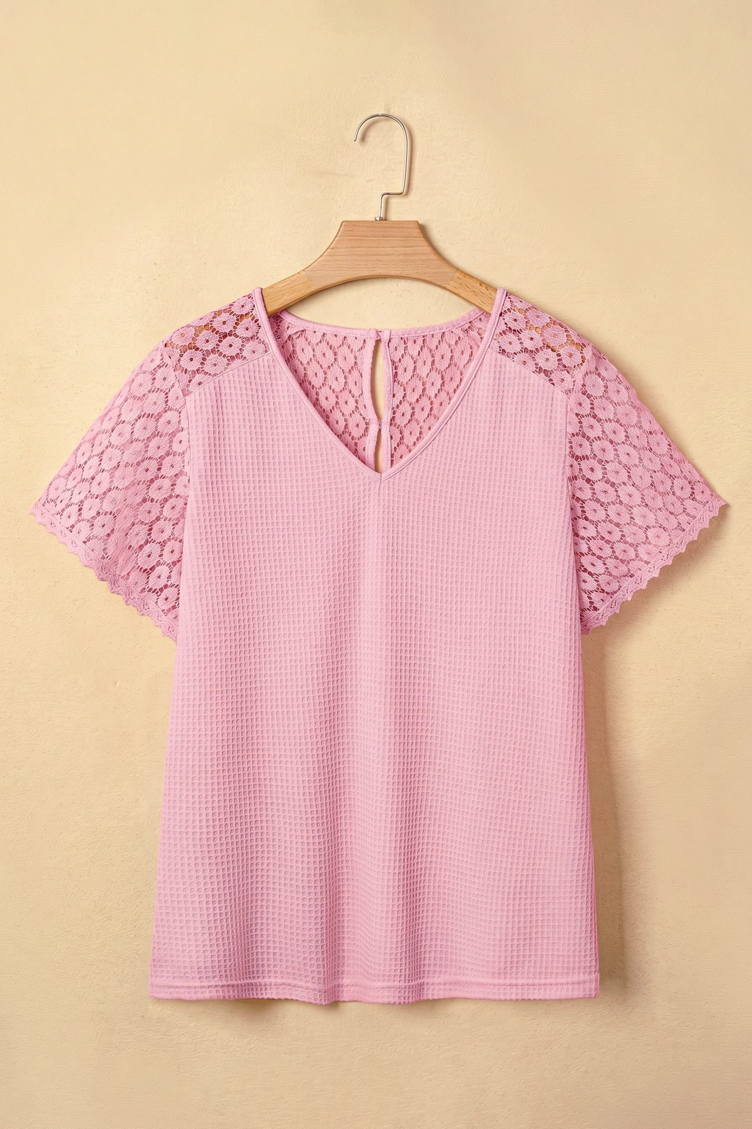 Pink Lace Splicing Button Cutout V Neck Waffle Knit Blouse