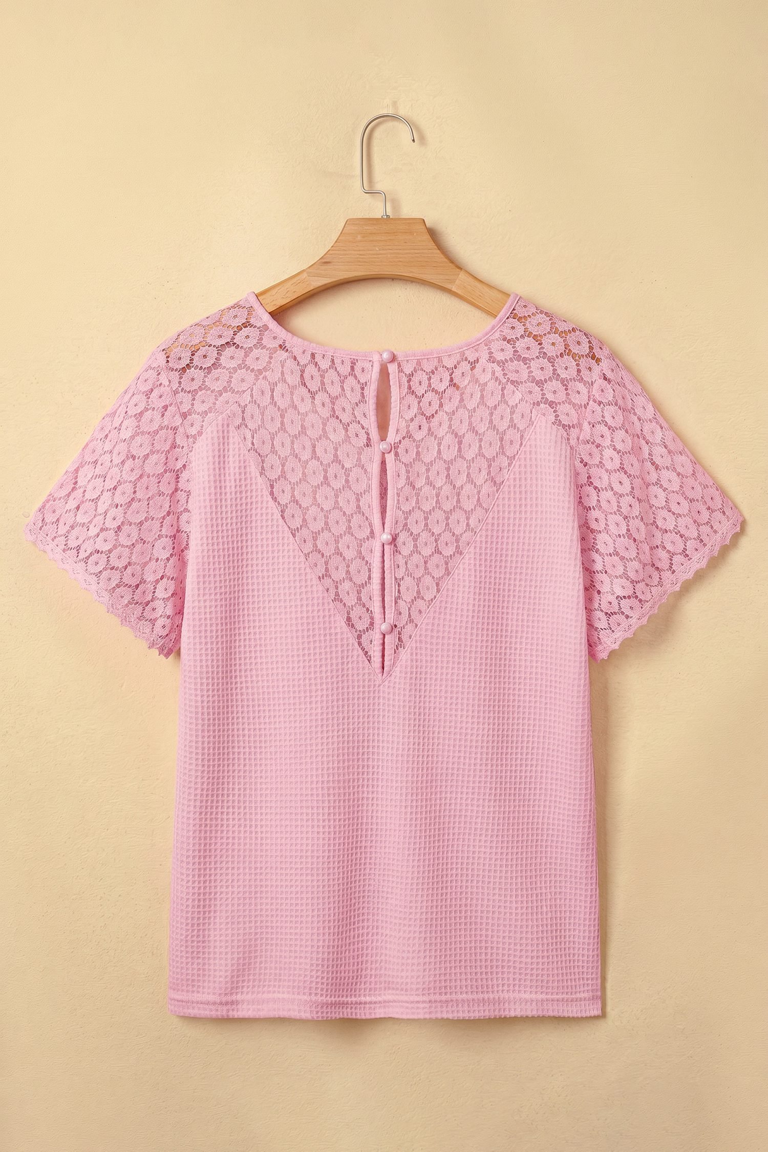 Pink Lace Splicing Button Cutout V Neck Waffle Knit Blouse