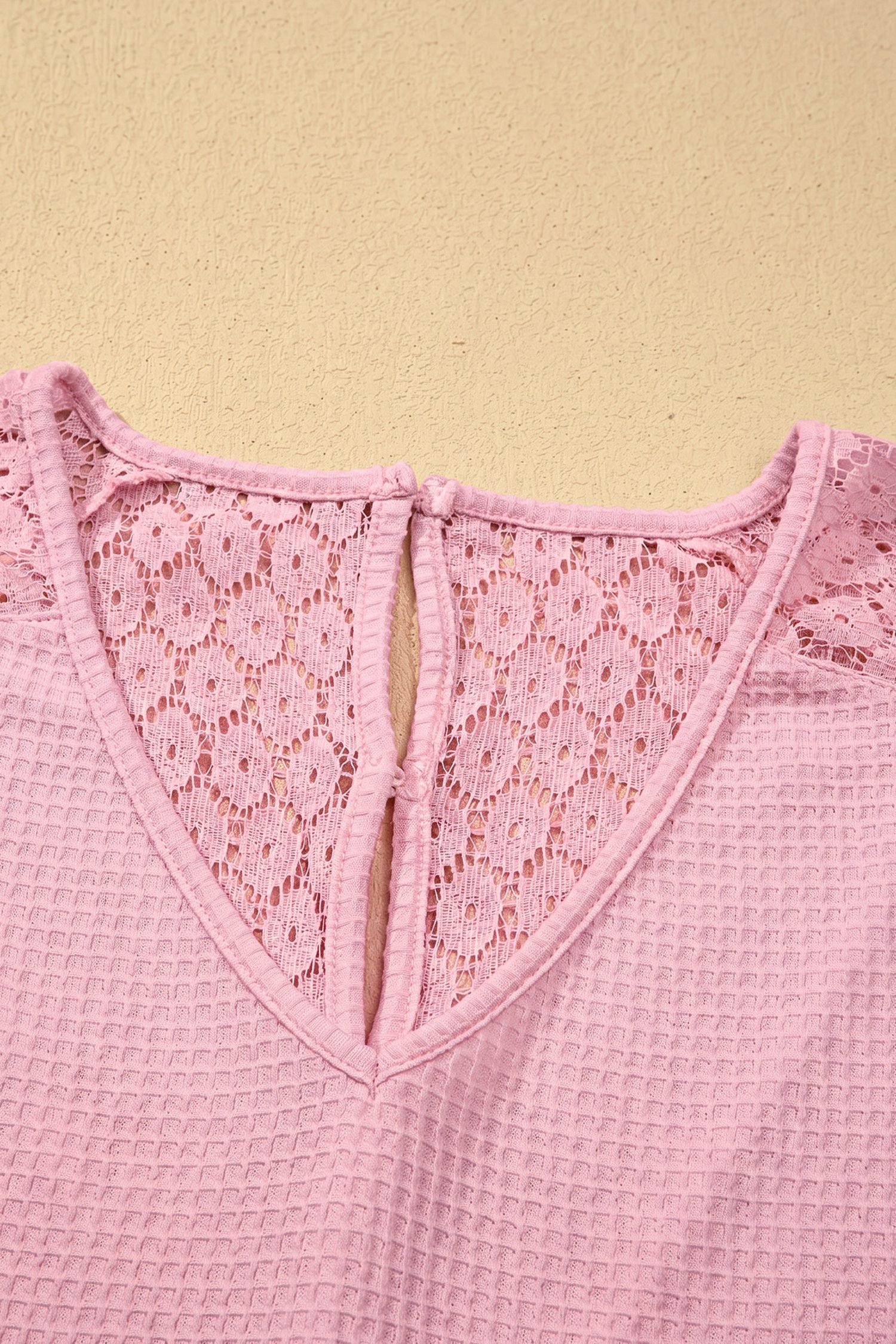 Pink Lace Splicing Button Cutout V Neck Waffle Knit Blouse