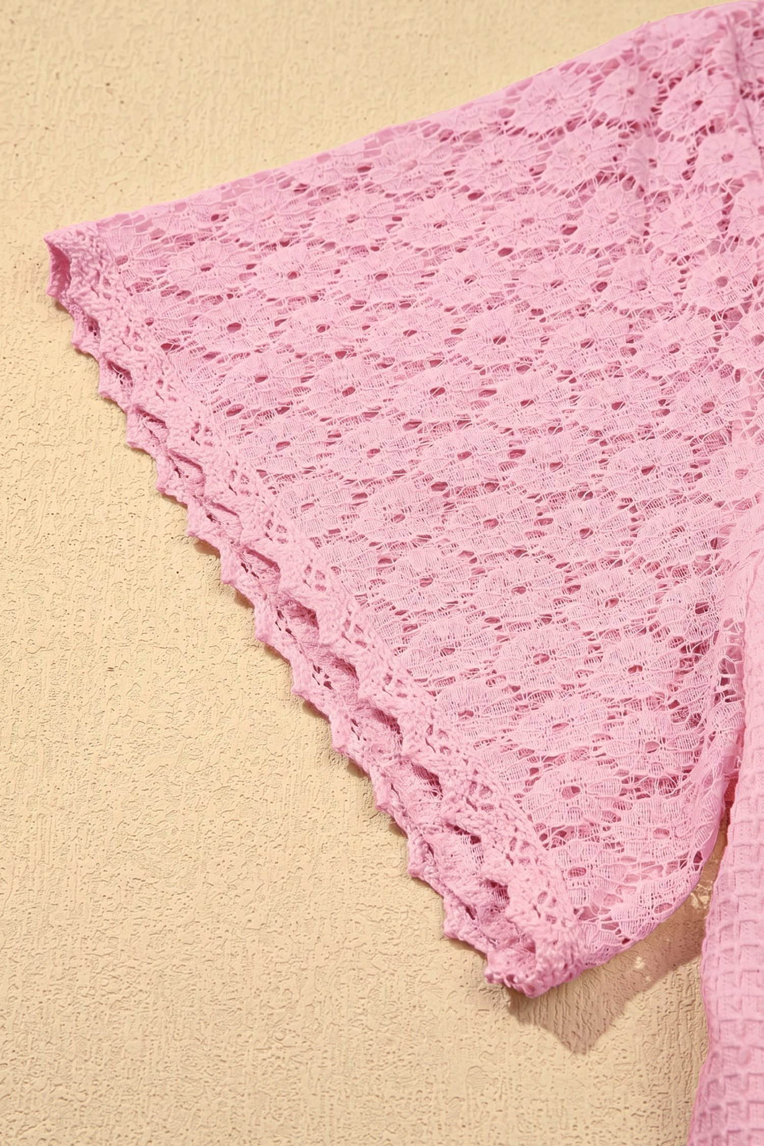 Pink Lace Splicing Button Cutout V Neck Waffle Knit Blouse