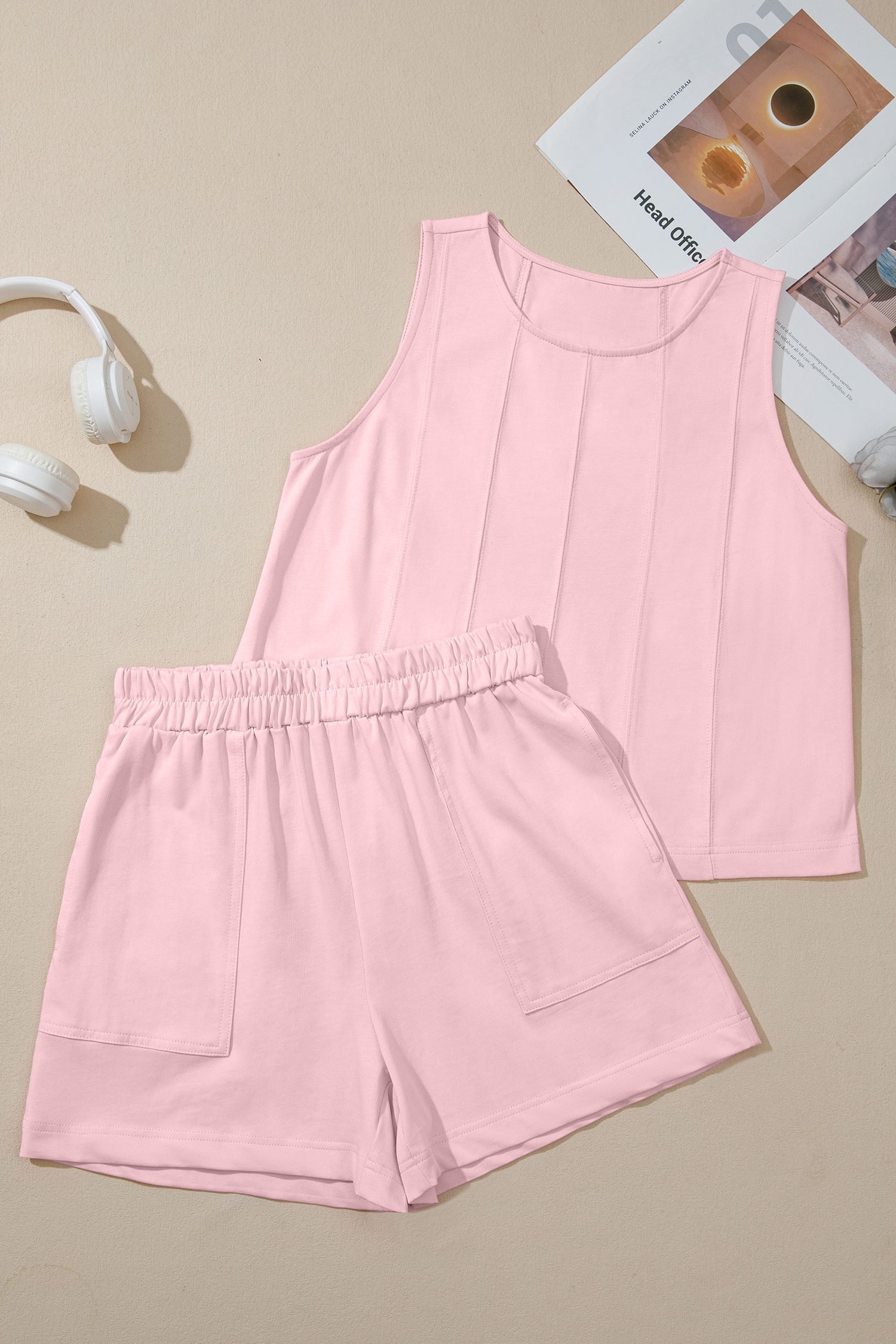Pink Stitched Detail Loose Tank Top Cotton 2pcs Short Set