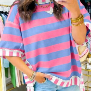 Pink Stripe Exposed Seam Contrast Patchwork Oversized Top