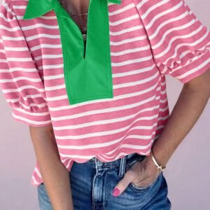 Pink Stripe Short Puff Sleeve Color Block Polo Collar Blouse