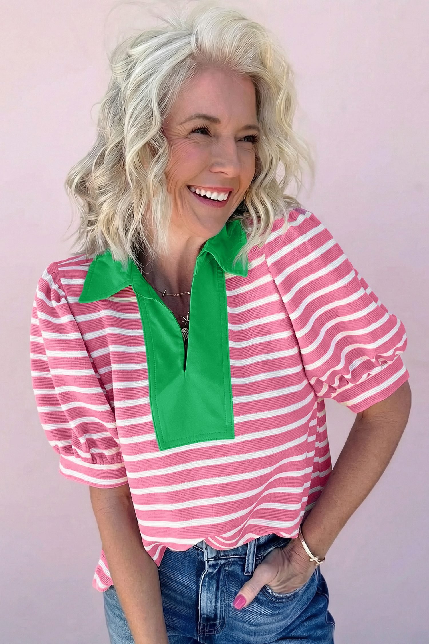 Pink Stripe Short Puff Sleeve Color Block Polo Collar Blouse