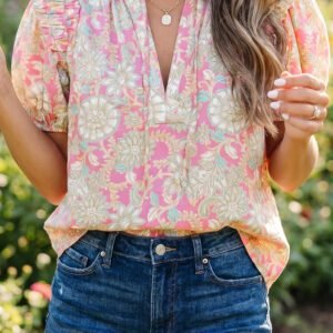 Pink Tie V Neck Floral Short Puff Sleeve Blouse