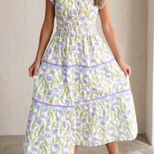 Purple Tulip Floral Print Contrast Trim Midi Dress