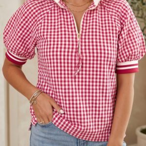 Red Gingham Striped Patchwork Half Zip Blouse