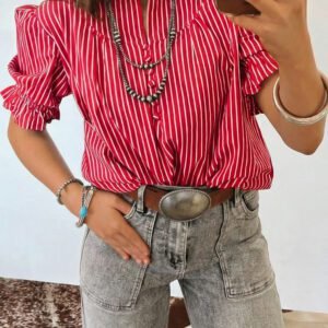 Red Stripe Ruffled Short Puff Sleeve Button Front Blouse