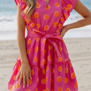 Rose Double Polka Dot V Neck Ruffled Short Sleeve Dress