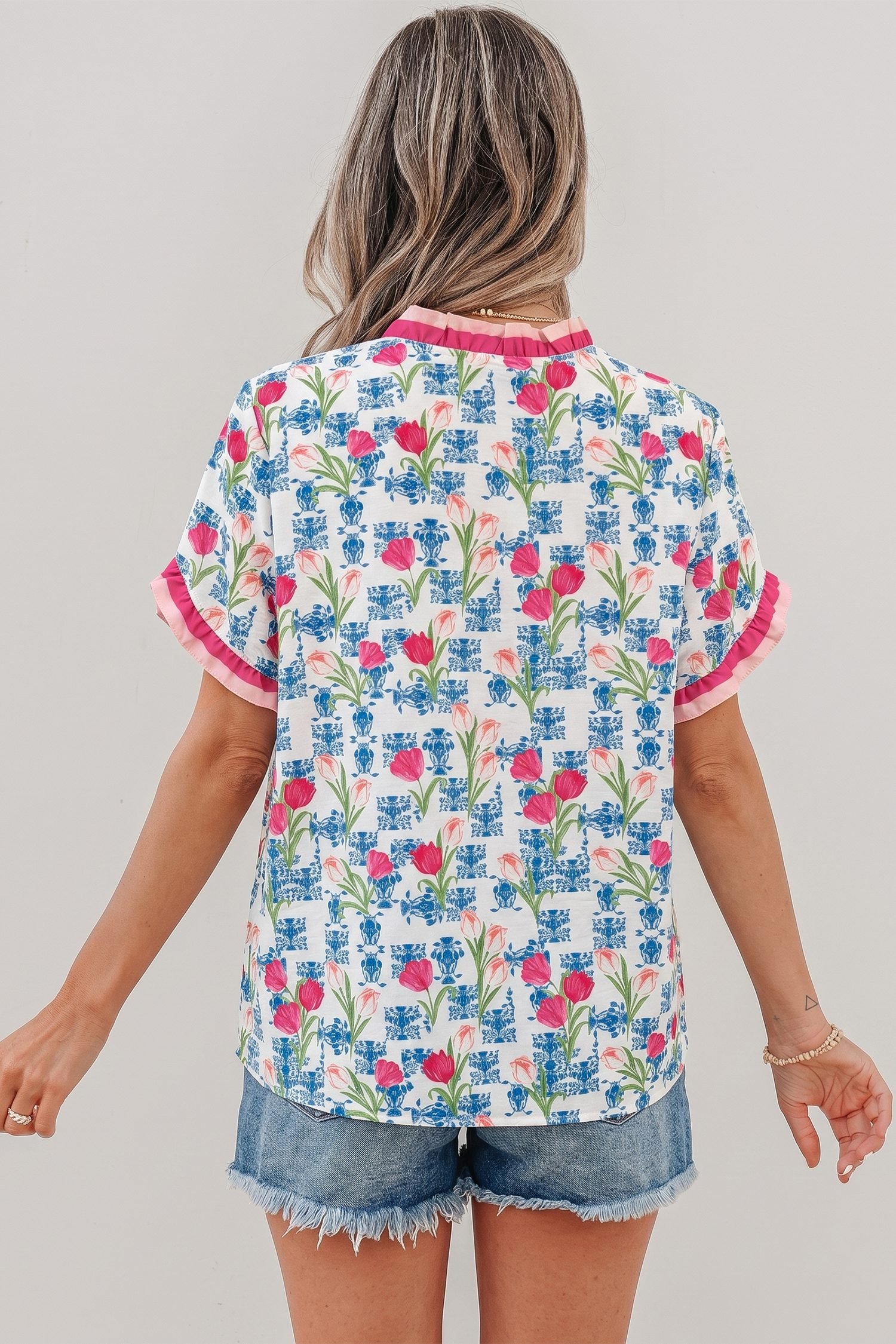 Rose Floral Print Ruffle V-Neck Short Sleeve Loose Tunic Shirt