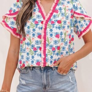 Rose Floral Print Ruffle V-Neck Short Sleeve Loose Tunic Shirt