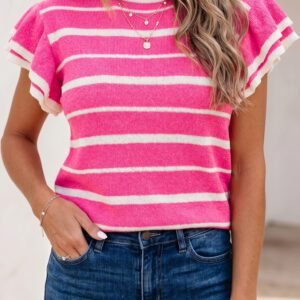 Rose Stripe Double Ruffle Short Sleeve Lightweight Knit Sweater