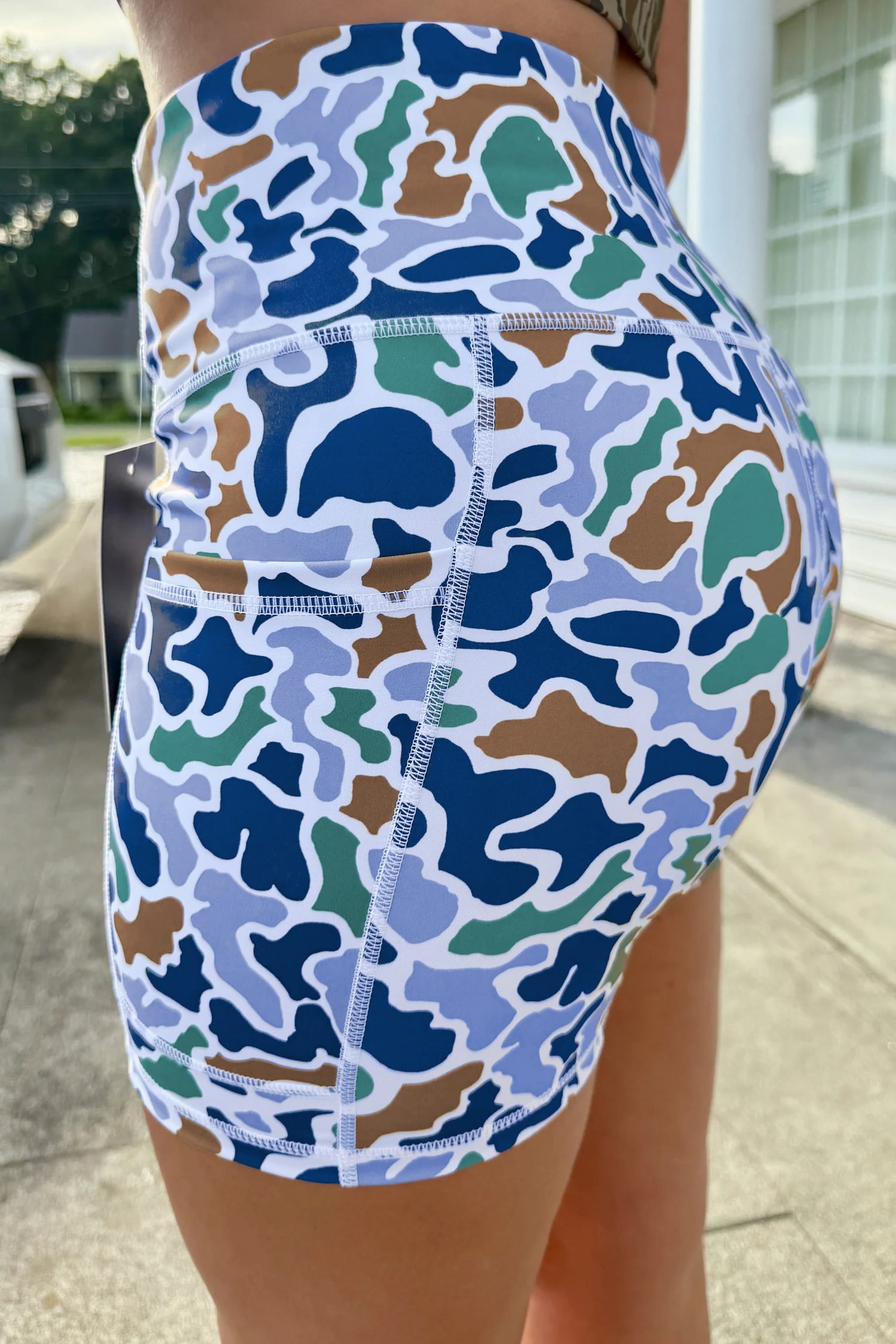Sky Blue Abstract Camo Printed Seam Detail Biker Shorts