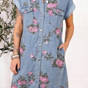 Sky Blue Denim Floral Print Cuffed Short Sleeve Button Down Shift Dress