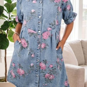 Sky Blue Floral Print Denim Short Sleeve Button Down Dress