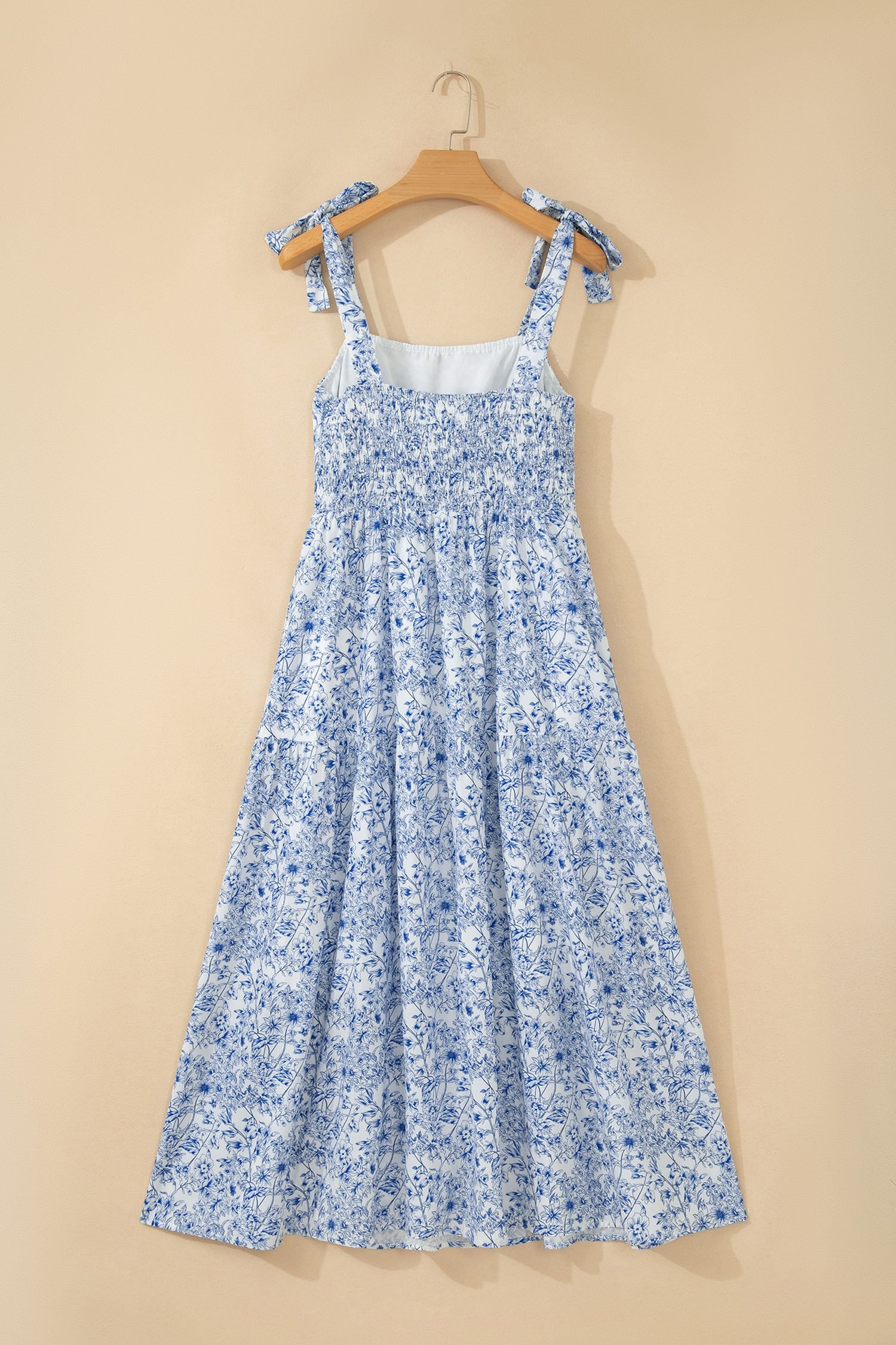 Sky Blue Floral Print Knot Straps High Waist Flared Maxi Dress