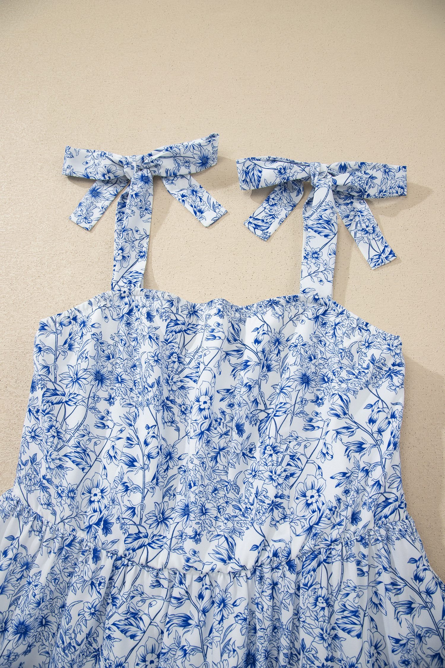 Sky Blue Floral Print Knot Straps High Waist Flared Maxi Dress