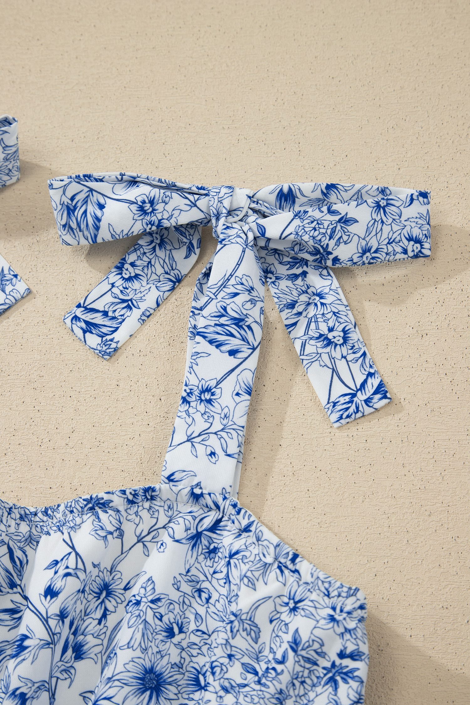 Sky Blue Floral Print Knot Straps High Waist Flared Maxi Dress