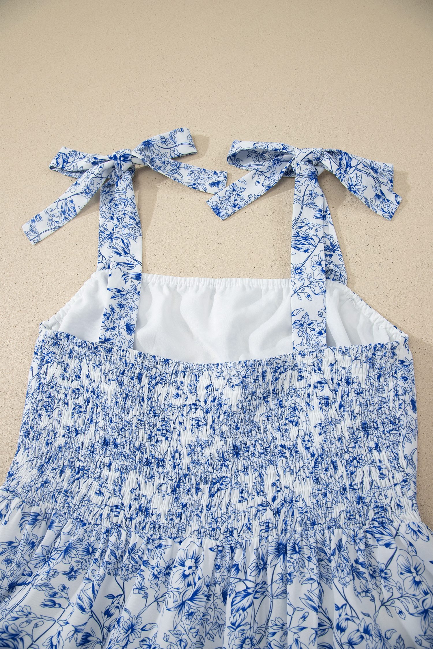 Sky Blue Floral Print Knot Straps High Waist Flared Maxi Dress