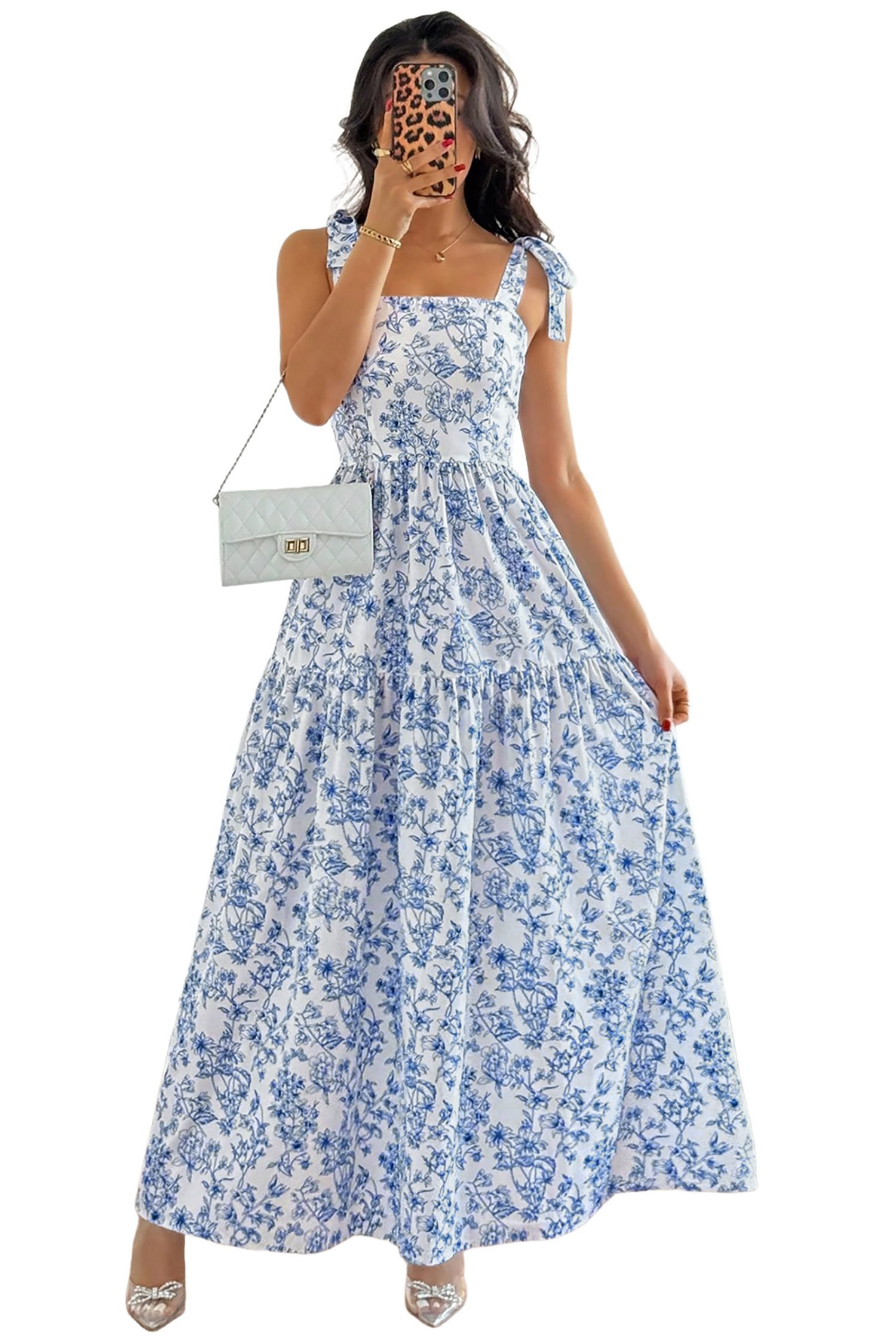 Sky Blue Floral Print Knot Straps High Waist Flared Maxi Dress