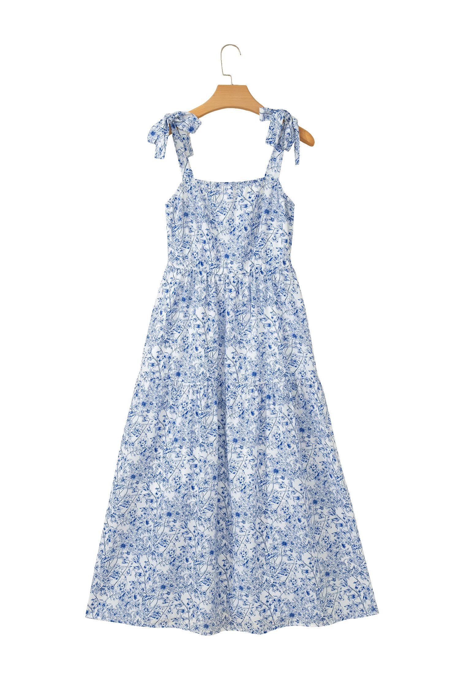Sky Blue Floral Print Knot Straps High Waist Flared Maxi Dress