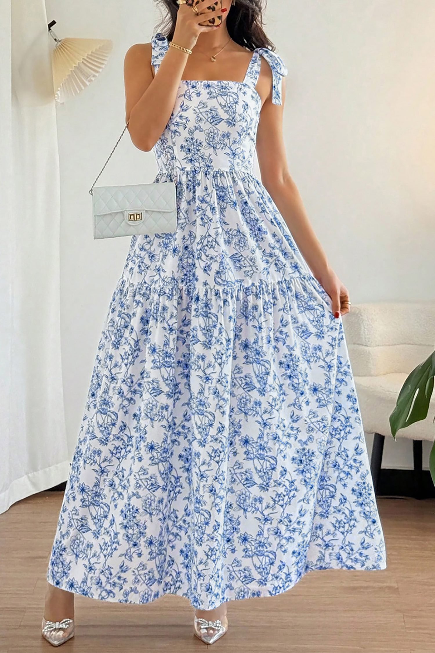 Sky Blue Floral Print Knot Straps High Waist Flared Maxi Dress