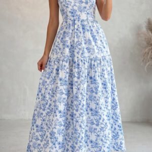 Sky Blue Floral Print Knot Straps High Waist Flared Maxi Dress