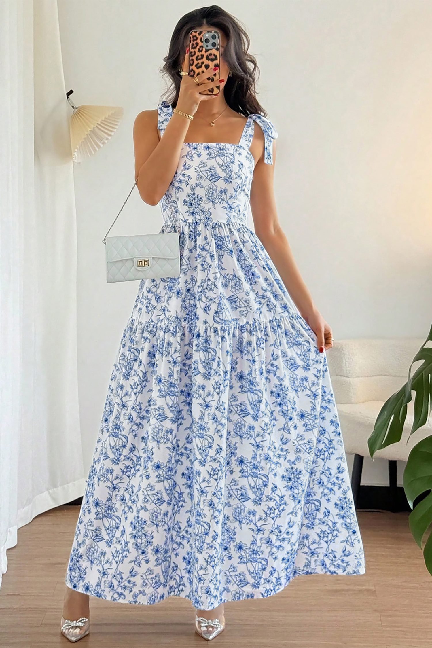Sky Blue Floral Print Knot Straps High Waist Flared Maxi Dress