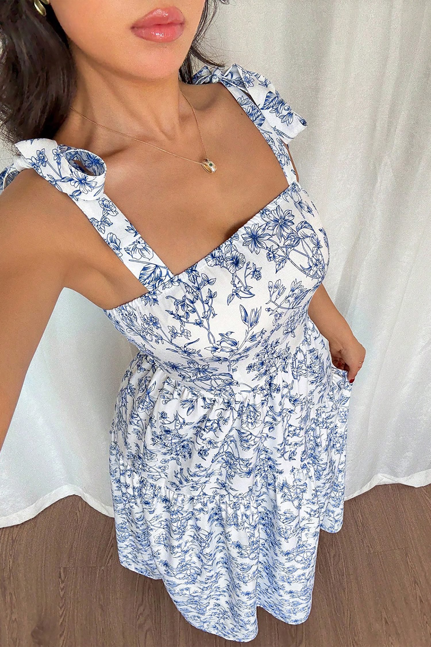 Sky Blue Floral Print Knot Straps High Waist Flared Maxi Dress