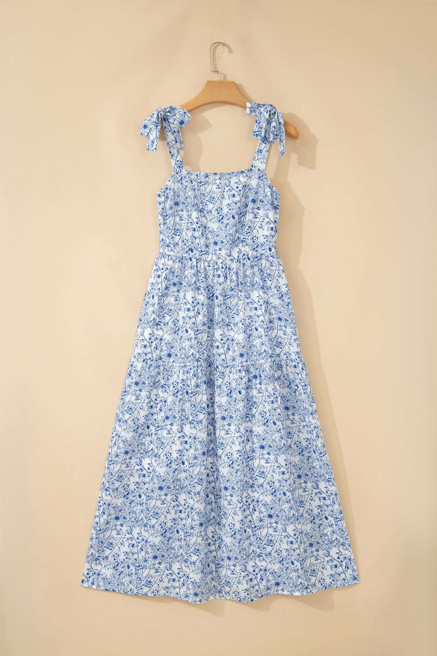 Sky Blue Floral Print Knot Straps High Waist Flared Maxi Dress