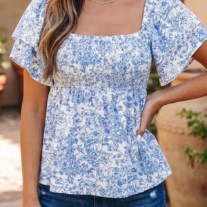 Sky Blue Floral Print Square Neck Ruffled Sleeve Shirred Babydoll Blouse