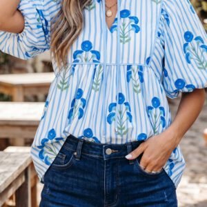 Sky Blue Floral Print Tie Neck Puff Sleeve Blouse
