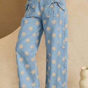 Sky Blue Polka Dot Print Bow Detail Pocketed Jeans